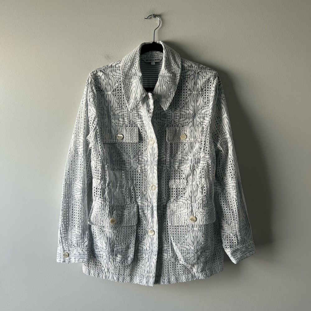 Veronica Beard light blue and white embroidered lightweight jacket